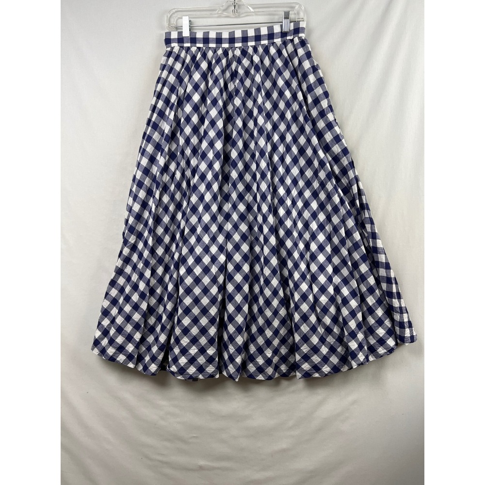 August Morgan Skirt Womens Medium Blue Gingham Check A-Line Midi Pleated Pockets